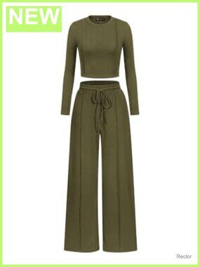 Womens 2 Piece Set Long Sleeve Crop Top Wide Leg Pants Lounge